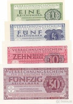 Originální sada bankovekWehrmachtu 1,5,10,50 Reichsmark 1944
