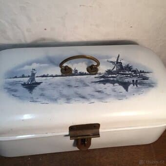 Krásný starý smaltovaný chlebník chlebovka - modrý mlýn